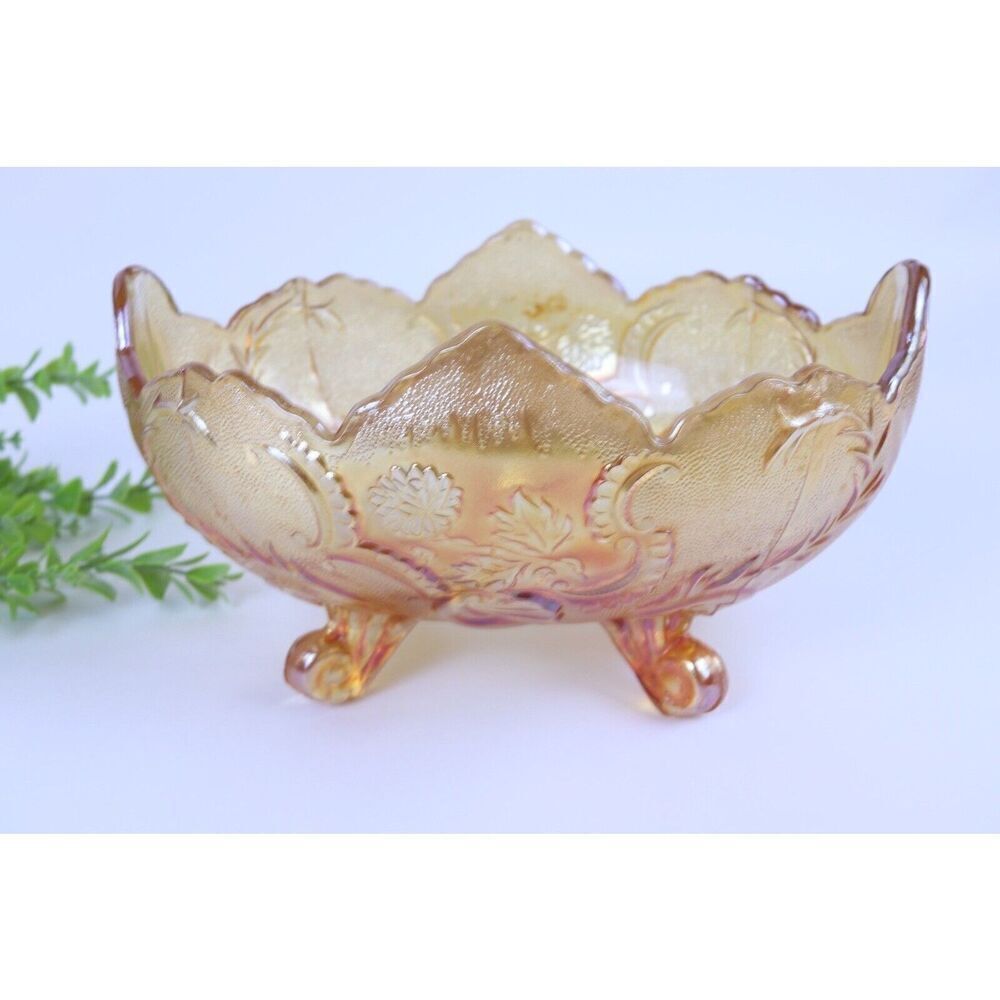 Vtg Jeannette Marigold Carnival Glass Lombardi Footed Fruit Bowl Oval 1960s 10”